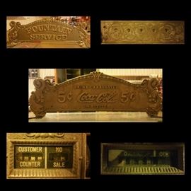 1912 Brass National Cash Register, Model (Size) 333, Serial #1094558, Dolphin/Onion Pattern. Very Nice Working Model. Hinged Quarter Cylinder Lid Opens to Reveal Customer Counter and Cash Tendered Counter. Has 21 Keys and sales can be rang up in increments of 5 cents up to $1.95. "Fountain Service - Coca Cola" Header is a later date repro add-on. 