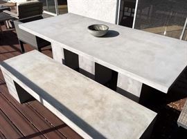 Teak Warehouse Blok Rectangle 3 Pedestal Concrete Benches and Dining Table