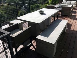 Teak Warehouse Blok Rectangle 3 Pedestal Concrete Benches and Dining Table, Biscayne Lounge Chairs