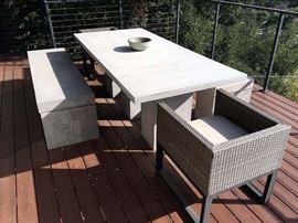 Teak Warehouse Blok Rectangle 3 Pedestal Concrete Benches and Dining Table, Biscayne Lounge Chairs