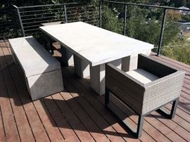Teak Warehouse Blok Rectangle 3 Pedestal Concrete Benches and Dining Table, Biscayne Lounge Chairs