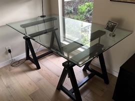 Large Adjustable Trestle Desk with Beveled and Tempered Glass
