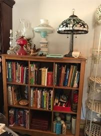 Oil Lamps, Table Lamps, Stained Glass Style Shade Lamp and Cubby Storage Shelf, Books and Cookbooks