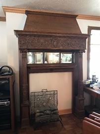 Large Ornate C. 1800's Scottish Fireplace Mantle Mantel with beveled glass. Brought over directly from Scotland