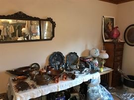 Ornate Mirror, Brass and Copper Items, Lamps, Lingerie Chest 