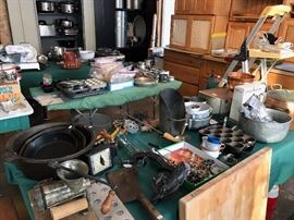 Selecting of cookware - catering items, cast iron, copper. From primitives to new items