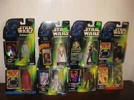 1996 - Star Wars - The power of the Force Figurines 
Greedo 
Darth Vader and Lightsaber 
Princess Leia - Ceremonial Dress 
Han Solo with Blaster Pistol & Holster 
Endor Rebel Soldierwith Blaster Rifle 
Emperor's Royal Guard with Force Pike 
Momaw Nadon "Hammerhead" with Double-Barreled Blaster Rifle 
R5-D4 with Missile Launcher 