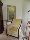 GREAT WOOD TRIMMED CLUB CHAIR BEAUTIFULLY UPHOLSTERED AND WONDERFUL OIL ON CANVAS