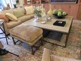 ONE OF TWO UPHOLSTERED SOFAS WITH LARGE MARBLE TOP COFFEE TABLE AND BARLEYTWIST FOOT STOOL