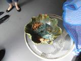 MAJOLICA DISH ON OUTDOOR TABLE