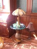 SLAG GLASS LAMP ON ONE OF A PAIR OF GLASSTOP PINEAPPLE STANDS