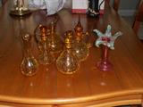 COLLECTION OF AMBER CRACKLE GLASS AND ROSE VERDE VASE