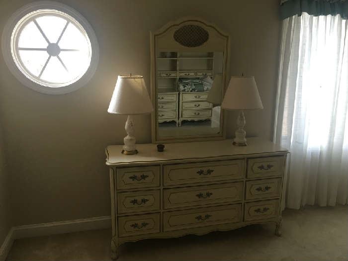 French Provincial Dresser with mirror.  Vintage lamps for sale too.