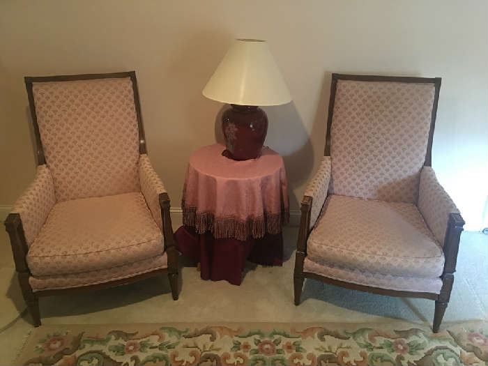 Two vintage pink wing back chairs.  Table and lamp also for sale.  Notice Oriental too.  Also for sale.