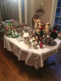 Silver tea sets, Italian figurines, miscellaneous glassware, platters etc.