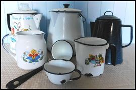  Enamelware including a Berggren Swedish Folkart coffee pot