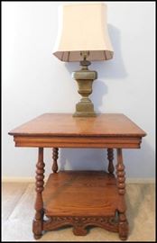 Solid oak lamp table pictured with brass lamp