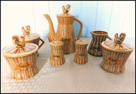  Vintage ceramic wicker design coffee, sugar, cream, jam, and jelly with rooster motif
