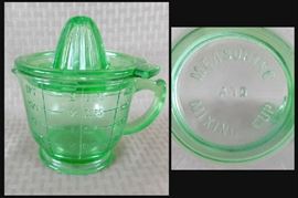 Green depression glass measuring and mixing cup juicer