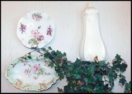 Antique china plates plus ceramic wall hanging spouted water pocket vase