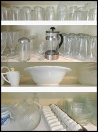 Press pot, pitcher, sugar dispenser, bowls, glasses, napkin rings, place card holders and other kitchenware
