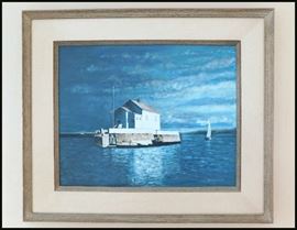 R. V. Limner original framed painting of a sail boat and boat house