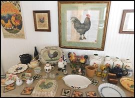  Rooster and poultry collectibles including casseroles, teapots and wall art