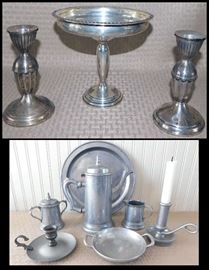 Sterling silver weighted candle sticks and compote plus pewter items