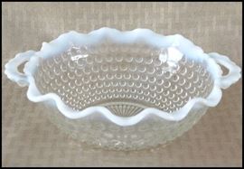 White opalescent hobnail bowl with handles