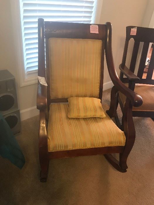 #6	chair	antique rocker w yellow fabric seat and back 	 $125.00 
