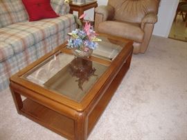Oak coffee table with beveled glass