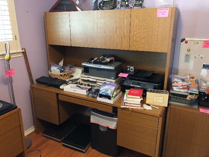 Office desk with  matching credenza and tons of office supplies, printers, scanners and more!