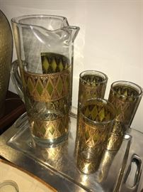 Vintage bar ware set with glasses and pitcher 