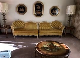 Roman Sofa Sectional with 2 Side Tables, Lamps, & Coffee Table, and 3 Roman high-relief Pictures.