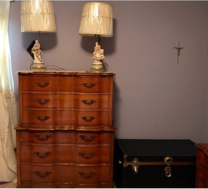 Mid-Century Bedroom Dresser with Victorian Inspired Lamps and Storage Trunk