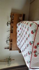 Queen size bed and "floating" oak headboard, and there's some lovely quilts ladies! 