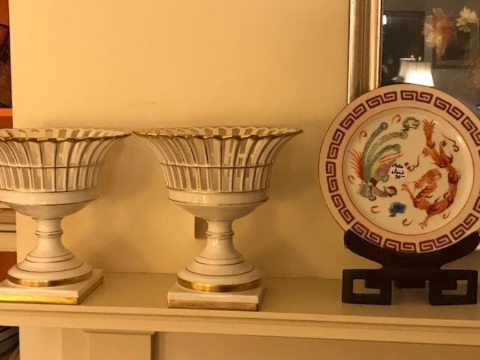 Pair of Portugese compotes, plus oriental plate and stand.