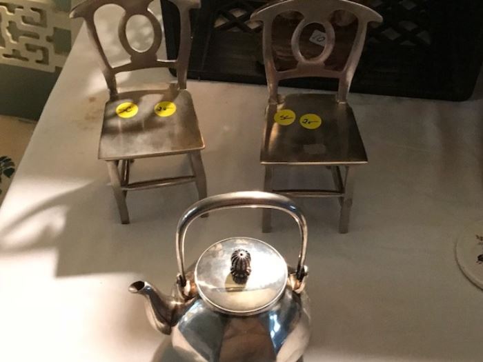 Pair of silver-plate chairs and an interesting Japanese tea pot