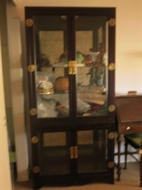 Mid Century Modern Asian Influence Curio Cabinet w/ glass shelves and smoky glass background - Lights Up