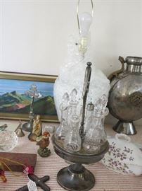 Silverplate Cruet / White Porcelain Lamp in Back Still Wrapped in Bubble to Protect