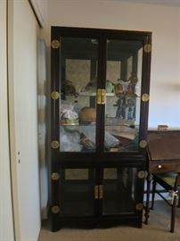 Mid Century Modern Asian Style Matte Lacquer Curio Case with Deep Glass Shelves, Smoky Glass Background, Brass Asian Style Hinge and Pulls, Lights Up - Cool