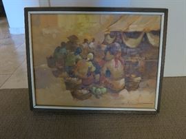 Original, Vintage Painting of Marketplace Scene - Great for Kitchen, Eating Areas