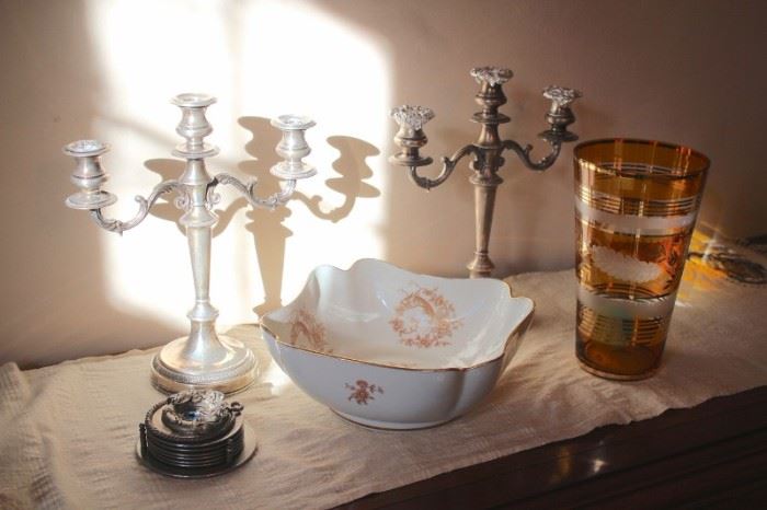 Pair of Candelabras, Decorative Bowl and Vase