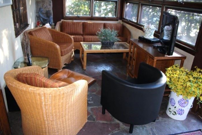 Rattan Furnishings - Sofa, Side Chairs, Coffee Table and Black Barrel Chair, with Flat Screen TV