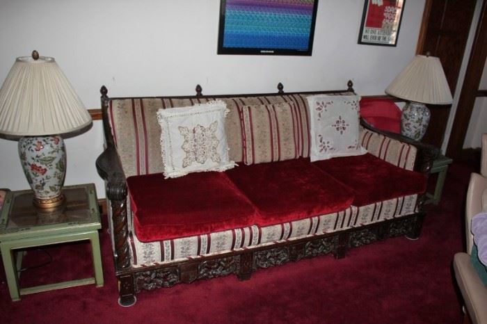 Vintage Sofa and Pair of  Matching Side Tables and Lamps with Accent Pillows