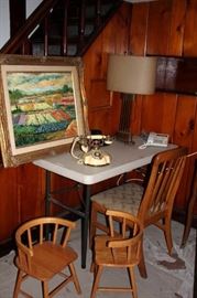 Pair of Child Size Chairs , Camp Table and Wood Chair with Painting, Vintage Look Phone and Lamp