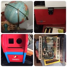 Repogle globe, Skytracker vintage cooler, Playskool post office, books