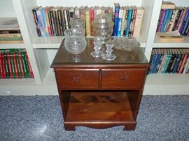 End Table with glass top + glassware
