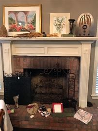 2 Sheila Parsons artwork, antique Philco radio (non-working), metal fireplace screens.