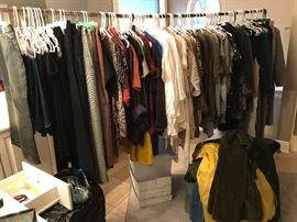 Lots of name brand woman's clothes (Flax, Chicos, Talbots, Rose Parks, Tom Tom, Mishi, Sophie Max) in like new condition!  There is a closet full of men's clothes too!  Also, shoes, belts, hats and jewelry.  Leather items such as jacket, vest, skirt and purses.